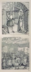 Triumfbuen til keiser Maximilian I av Tyskland (1459-1519): detalj som viser to paneler plassert over venstre portal som viser (øverst) Maximilian I og hans første kone Maria av Burgund (1457-82) av Albrecht Dürer