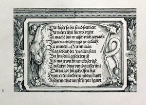 Triumfbuen til keiser Maximilian I av Tyskland 1459-1519: detalj av dekorativt oppsett som viser et løveskinn med en inskripsjon som hyller keiserens familieforbindelser, pub. 151718 tresnitt av Albrecht Dürer