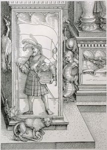 Triumfbuen til keiser Maximilian I av Tyskland 1459-1519: detalj av portalsøylebasen som bærer et utskåret relieff av en mannsfigur som bærer en standard og et kronet våpenskjold, pub. 151718 trec av Albrecht Dürer