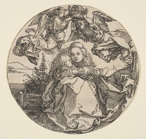 Jomfruen og barnet kronet av to engler over et landskapslandskap trimmet ut, ca. 1504. av Albrecht Dürer