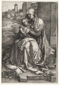 Jomfruen og barnet sittende ved veggen av Albrecht Dürer