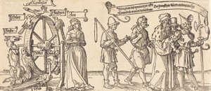 Tid og en rev som snur lykkehjulet med folk i alle rangerer til høyre, sannsynligvis 1526. av Albrecht Dürer