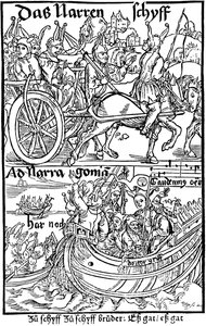 Tittelside til en utgave av Ship of Fools, av Sebastian Brant, 1494. av Albrecht Dürer
