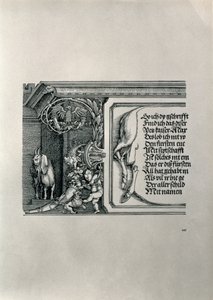 Triumfbuen til keiser Maximilian I av Tyskland 1459-1519: detalj av et hjorteskinn som bærer en inskripsjon som hyller keiserens familieforbindelser, med en geit med diskettører, symbol på akutt å høre alt av Albrecht Dürer