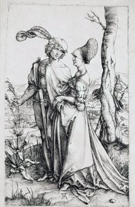Et par som går, overvåket av Døden gjemt bak et tre, holder et timeglass). Gravering av Albrecht Durer (1471-1528) 1496-1498 Dim. 19x12 cm Berlin, graveringsskap av Albrecht Dürer