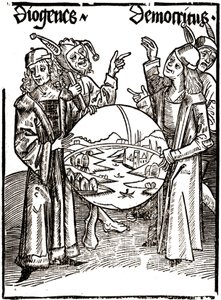 Diogenes (-413 - -327) og Democritus (-460 - -370) - i "" Das Narrenschif (Nårenes båt)" av Sébastien Brandt (1458 - 1521). Gravering. av Albrecht Dürer