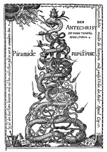 Nederlandsk satirisk gravering med tittelen 'Den pavelige pyramide' av Albrecht Dürer