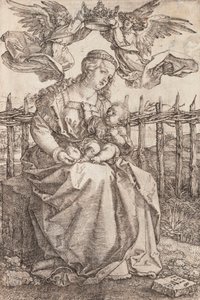 Jomfru Maria kronet av to engler - Kobberstikk av Albrecht Durer (1471-1528) av Albrecht Dürer