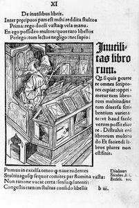 Savant på kontoret hans. Han har på seg et par briller. Xylography of Durer, das narrenschiff av Sebastiano Brandt. av Albrecht Dürer