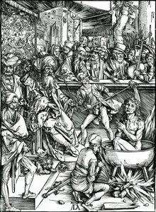 St. Johannes evangelisten blir torturert i et kar med kokende olje, fra 'Apocalypse'-serien av Albrecht Dürer