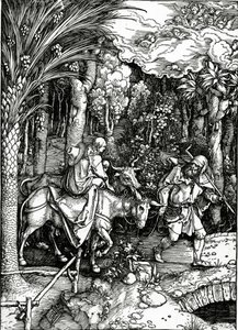 The Flight into Egypt, fra 'Life of the Virgin'-serien, utgitt i 1511 (tresnitt) av Albrecht Dürer