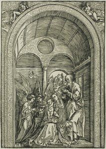 Den hellige familie med to engler i en hvelvet sal av Albrecht Dürer or Duerer