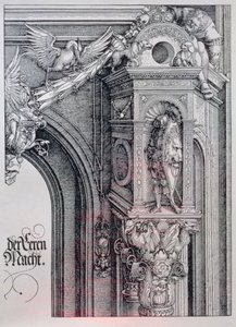 Triumfbuen til keiser Maximilian I (1459-1519): detalj av sentralbuen (æres- og maktporten) som viser en blad og animert søylekapittel som støtter en ridder som står i en arkitektonisk nisje, en figur som holder den ene siden av en hengende kartong av Albrecht Dürer