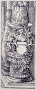 Triumfbuen til keiser Maximilian I av Tyskland (1459-1519): detalj av sentrale Gates of Honor and Power, venstre søylebase pyntet med bånd av løvverk og bevingede kvinnelige griffiner, datert 1515, pub. 1517/18 (tresnitt) av Albrecht Dürer