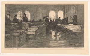 Interiør av Vismarkt på Nieuwmarkt i Amsterdam Amsterdam fiskeauksjon (original tittel på objektet) av Albrecht Felix Reicher (signed by artist)