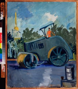 Asfaltbelegg. (En maskin legger asfalt i en gate). Maleri av Alexander Isaakovich Rusakov (1898-1952), olje på lerret av Aleksandr Isaakovich Rusakov