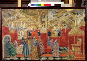 I Kreml. Forberedende tegning til operaen Boris Godunov av Modeste Mussorgsky (1839-1881) (I Kreml. Scenografi til operaen Boris Godunov av M. Mussorgsky). Verk av Alexander Yakovlevich Golovin (Alexander Golovin) (1863-1930), akvarell og av Aleksandr Jakovlevic Golovin