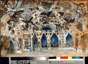 Decor pour la piece de theater La Dame de la mer de Henrik (Henri) Johan Ibsen (1828-1906) (Scenedesign til teaterstykket Fruen fra havet av H. Ibsen). Oeuvre av Alexander Yakovlevich Golovin (Alexandre Golovine) (1863-1930), pastell på kartong av Aleksandr Jakovlevic Golovin
