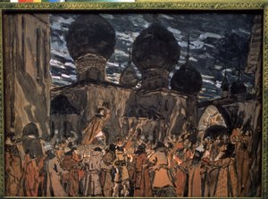 Sett til operaen The Pskov Maiden av Nicholas Rimsky-Korsakov (1844-1908) (Scenedesign for operaen The Pskov Maiden av N. Rimsky-Korsakov). Verk av Alexander Yakovlevich Golovin (Al av Aleksandr Jakovlevic Golovin
