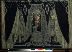 Dekor for operaen ""Le guest de pierre"" av Alexandre Dargomyjski (1813-1869) (Scenedesign for operaen The stone Guest av A. Dargomyzhsky). Verk av Alexander Yakovlevich Golovin (Alexander Golovin) (1863-1930), olje på tre