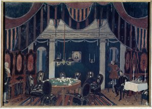 Decor preparatoire pour la piece de theater ""La mascarade"" av Mikhail Lermontov (1814-1841) (Scenedesign for teaterstykket Maskeraden av Mikhail Lermontov) - Peinture av Alexander Yakovlevich Golovin (Alexandre Golovine) (1863-1930), tempera sur av Aleksandr Jakovlevic Golovin