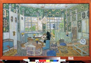 Forberedende dekor til stykket le petit Eyolf av Henrik (Henri) Johan Ibsen (1828-1906) (Scenedesign til Teaterstykket Lille Eyolf av H.Ibsen). Verk av Alexander Yakovlevich Golovin (Alexander Golovin) (1863-1930), akvarell på papp av Aleksandr Jakovlevic Golovin