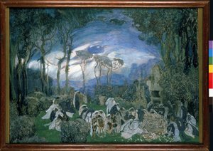 Forberedende dekor for operaen Orpheo et Eurydice, av Christoph Willibald Gluck (1714-1787) (Scenedesign for operaen Orpheo og Euridice av Ch. Gluck). Verk av Alexander Yakovlevich Golovin (Alexandre Golovine) (1863-1930), gouache og pastell på lerret av Aleksandr Jakovlevic Golovin
