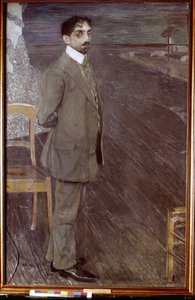 Portrett av poeten Mikhail Kuzmin (1875-1936) (Portrett av poeten M. Kuzmin). Verk av Alexander Yakovlevich Golovin (1863-1930), tempera og pastell på lerret av Aleksandr Jakovlevic Golovin