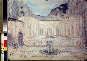 Scenografi for tragedien Antigone etter Sofokles (496 f.Kr.-406 f.Kr.) (Scenedesign for tragedien Antigone etter Sofokles). Et offentlig torg omgitt av antikke bygninger, i et fjellandskap. Alexanders arbeid