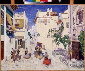 Une rue a Sevilla (Spania), Dekor for operaen Carmen av Georges Bizet (1838-1875) (A Street in Sevilla, Scenedesign for operaen Carmen av G.Bizet). Verk av Alexander Yakovlevich Golovin (Alexander Golovin) (1863-1930), tempera på papir