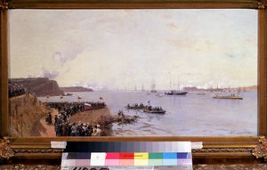 Ankomst av keiser Alexander III av Russland (1845-1894) i Sebastopol (Ankomst av keiser Alexander III i Sevastopol). Maleri av Alexander Karlovich Beggrov (1841-1914). Olje på lerret, 40 x 85 cm