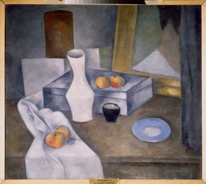 Stilleben med epler og blå tallerken (Stilleben med epler og blå tallerken) - Verk av Alexander Vasilyevich Shevchenko (Alexander Chevtchenko) (1883-1948), olje på papp, cirka 1910 - russisk kunst, 1900-tallet, avantgarde - statsrussisk Museum, S