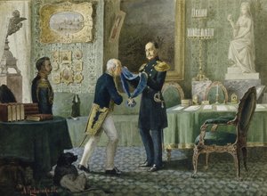Keiser Nicholas I tildeler det blå båndet av St. Andreasordenen til grev Michail Speransky, 1880 av Aleksei Danilovich Kivshenko