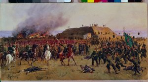 Erobringen av festningen Gorni Dubnik (Gorni-Dubnik) den 24. oktober 1877. Russisk-tyrkisk krig: kampscene mellom kosakkene i den russiske hæren og soldatene i det osmanske riket, militærepisode for kontroll av passasjen av the Shipka (Bulgaria).