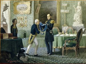 Keiser Nicholas I av Russland (1796-1855) overrekker det blå båndet av Saint Andre-ordenen til grev Mikhail Speranski (1772-1839). (Keiser Nicholas I tildeler The Blue Riband of The Order of St. Andrew To Count Michail Speransky). Verk av Alexei Danilovich