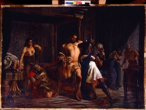 Samson og Delila (Samson og Delila). Den bibelske helten som ble angrepet på rommet sitt av filistersoldatene som prøver å binde ham med snoren i håret hans, hvorav en del ligger på bakken med en saks, bak Samson, holder Delila i sin