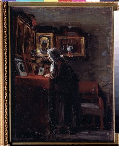 Før en religiøs fest (Før en religiøs fest) - Maleri av Aleksei Fyodorovich Afanasyev (Alexis Afanasyev) (1850-1920) - Olje på lerret, 41 x 31,5 cm av Aleksei Fyodorovich Afanasyev