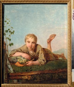 Hyrdegutt med pipe - Maleri av Alexei Gavrilovich Venetsianov (1780-1847), olje på lerret, cirka 1820, russisk kunst av Aleksei Gavrilovich Venetsianov