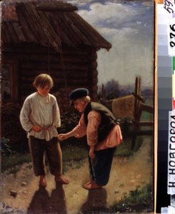 Spill Knucklebones. To barbeint barn leker på gården foran et trehus på landsbygda. Maleri av Alexei Ivanovich Korzukhin (1835-1894), olje på lerret. Russisk kunst fra 1800-tallet. Statens kunstmuseum, Nizhny Novgorod (R