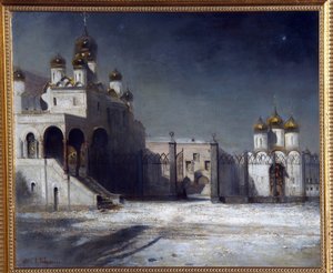 Katedralplassen i Kreml i Moskva om natten. (Katedralplassen i Kreml i Moskva om natten). Maleri av Alexei Kondratyevich Savrasov (Savrasov) (1830-1897), olje på lerret