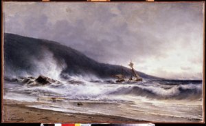 Surf på Cap Martin (Frankrike) (Surf på cap Martin). Maleri av Alexei Petrovich Bogolyubov (Bogoliubov eller Bogolioubov) (1824-1896). Olje på lerret av Aleksei Petrovich Bogolyubov