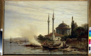 La Corne d'Or, Konstantinopel (Det gylne horn, Konstantinopel) elvemunningen og den naturlige havnen i Byzantium med en moske - Maleri av Alexei Petrovich Bogolyubov (1824-1896), olje på lerret (50x78 cm)