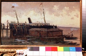 ""Utsikt over en dampbåt ved kai i en havn"" Maleri av Alexei Petrovich Bogolyubov (Bogoliubov eller Bogoliubov) (1824-1896) 1874 State United Art Museum, Kostroma, Russland av Aleksei Petrovich Bogolyubov