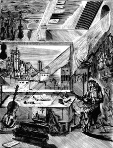 Den italienske musikkinstrumentmakeren Antonio Stradivari i verkstedet sitt, 1926.