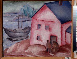 Et rosa hus nær elven (A Pink House at the River). Med et par, en båt og en fortøyd båt. Maleri av Alexei Ilyich Kravchenko (1889-1940), olje på lerret