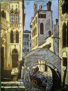 Venezia, Italia (Venezia). Kanal, gondol, bro og fasader av byen. Verk av Alexei Ilyich Kravchenko (1889-1940), tresnitt. Russisk kunst, landskap fra 1800- og 1900-tallet. Statens Tretyakov-galleri, Moskva. (Russland).
