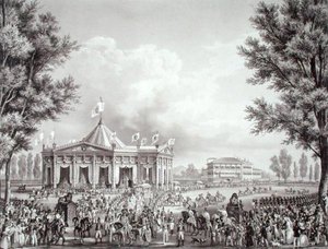 Prosesjon passerer paviljongen reist i anledning kroningen av Ferdinand I (1793-1875) av Alessandro (after) Sanquirico