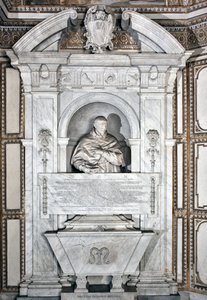Begravelsesmonument til hyllest til kardinal Giovanni Garcia Mellini med portrett i byste Marmorskulptur av Alesssandro Algardi (1598-1654) 1630 rundt Roma-basilikaen Santa Maria del Popolo, Cappella Mellini
