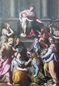 Madonna tronet med Child, omgitt av helgener og skikkelser av Alessandro Allori