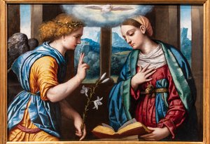 Kunngjøring, ca. 1535-40 (olje på panel) av Alessandro Bonvicino Moretto